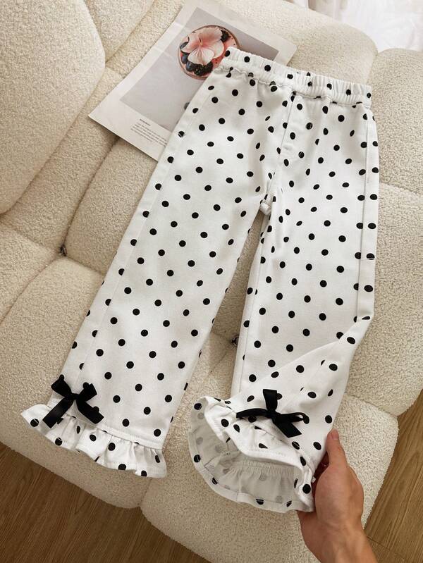 SHEIN Girls' Cream White Polka Dot Wide Leg Jeans, Bowknot Decor + Ruffle Hem Design, Loose Straight Leg, 100% Cotton Denim, Flattering Snug Fit Fit, Casual Versatile For Daily School, Outings, Vacation Style, Korean Style Polka Dot, Blogger Inspired Ins Style