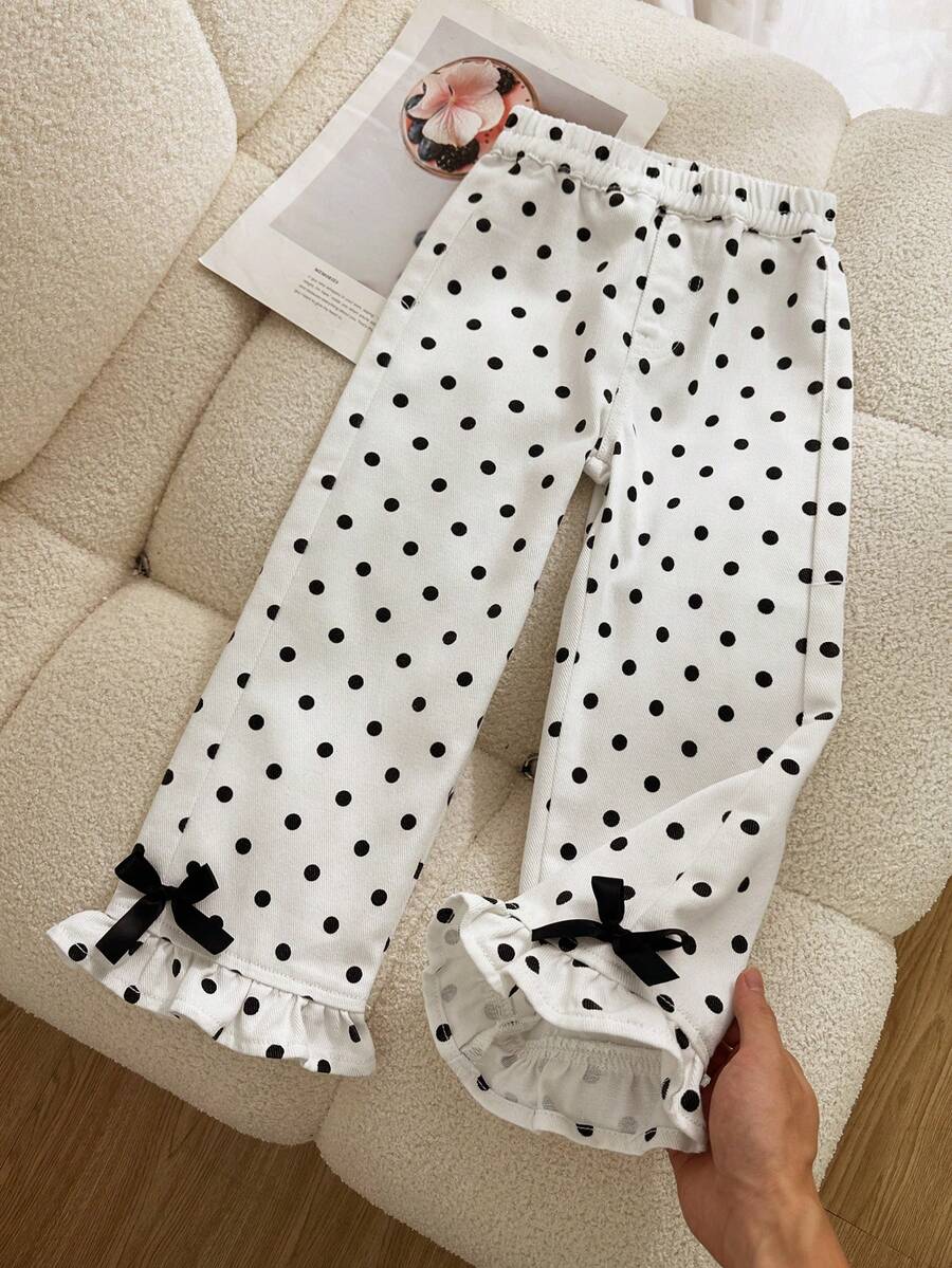 SHEIN 女童奶油白波點寬腿牛仔褲,蝴蝶結裝飾+荷葉邊飾設計,寬鬆直筒褲腿,100%純棉丹寧,休閒牛仔西部風 - 彩色 - 查看 1