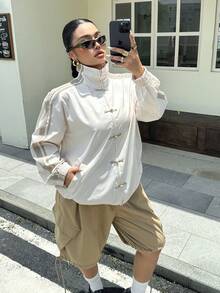 Muchica Chaqueta ligera de manga larga con diseño de botones y rayas para mujer talla grande, otoño - Multicolor - Ver 5