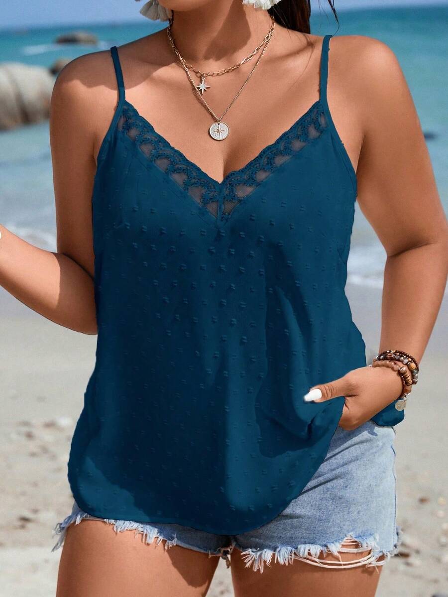 SHEIN LUNE Plus Swiss Dot Contrast Lace Cami Top - Teal Blue - View 1
