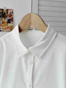 SHEIN Serisse Kids Tween 女童休闲时尚百搭纯色梭织翻领前开后开衩宽松落肩长袖白色衬衫，返校日穿 - 白色 - 查看 7
