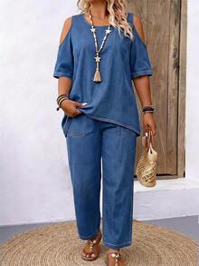 Breezaya Plus Size Women's Round Neck Top And Long Pants Casual Daily Denim Two Pieces Set - Blue - View 1