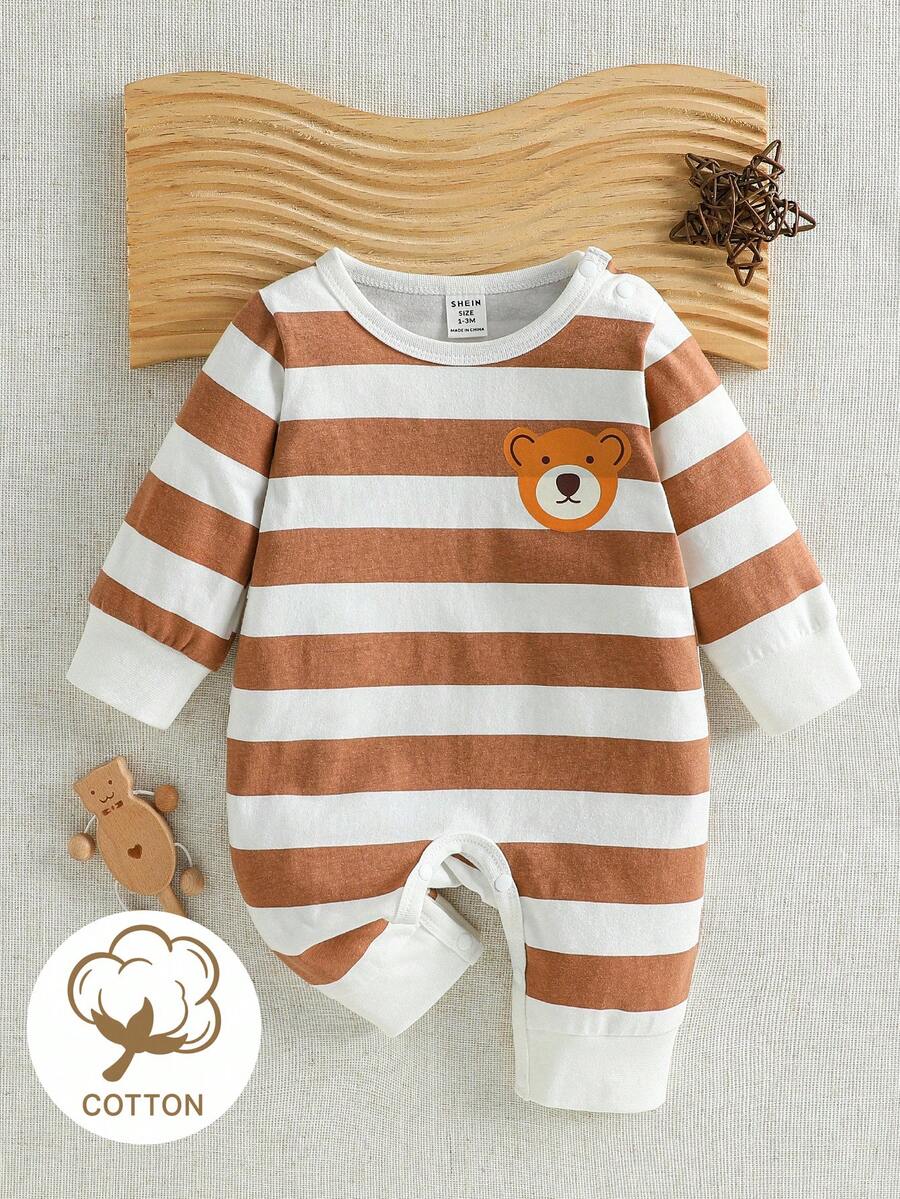 SHEIN Macacão de Algodão Macio Branco com Estampa de Urso Fofo de Manga Longa e Gola Redonda para Recém-Nascido, Sessão de Fotos, Outono, Tropical