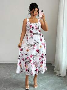 Elenzga Plus Size Floral Print Square Neck Sleeveless Dress - White - View 6