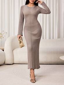 Veilorie Women's Solid Color Casual Daily Wear Knit Dress - Khaki - View 4