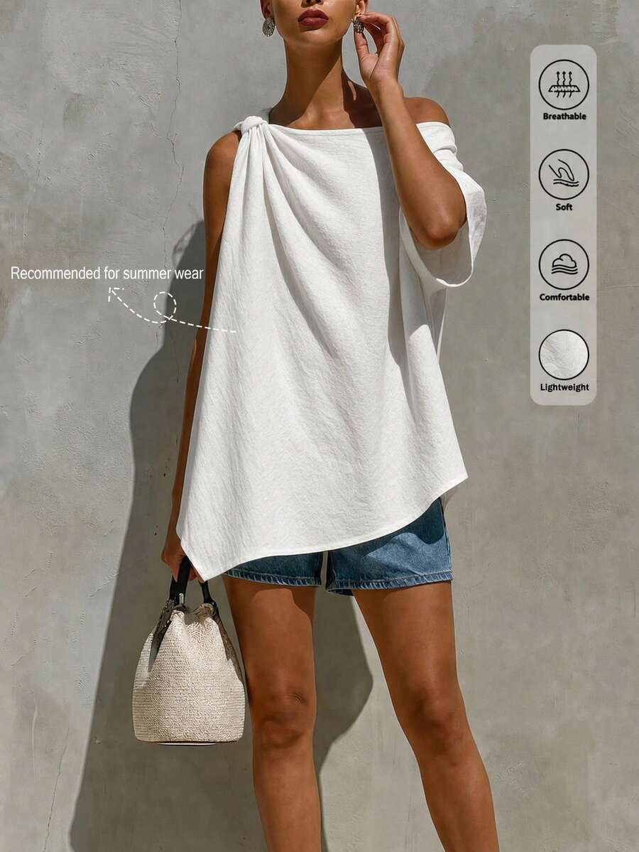 SHEIN Holidaya 女士夏季简约纯色露肩不对称下摆上衣 - 白色 - 查看 1