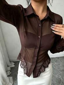 Elenzga 女款素色對比蕾絲下擺單排扣長袖優雅襯衫 - 棕色 - 查看 6