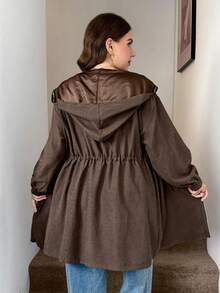 SHEIN LUNE Plus Size Plain Color Hooded Zipper Front Casual Long Sleeve Jacket Plus Size Fall Clothes - Brown - View 2