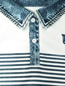 Manfinity Dauomo 男士標準尺寸 POLO 衫，休閒商務藍白拼接 Polo 衫，辦公穿著，日常，優雅風格，舒適面料，極簡字母印花 Polo 衫 - 彩色 - 查看 5