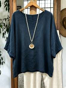 Linhara Plus-Size Women Summer Navy Blue Smart Casual Pullover Relaxed Loose Fit Breathable Cotton-Linen Blend Round-Neck Top Vacation Brunch - Navy Blue - View 1