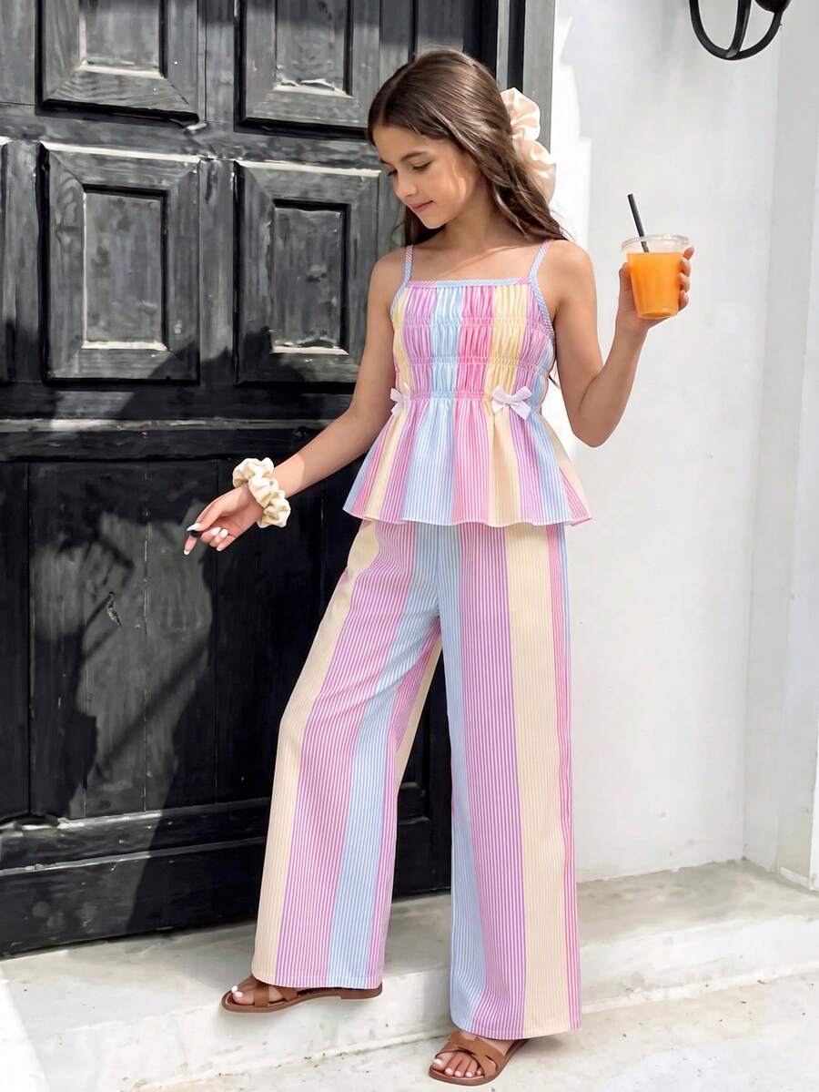 SHEIN Setelan 2 Potong Atasan Camisole dan Celana Panjang Lebar Motif Garis Pelangi Manis untuk Anak Perempuan Remaja, Gaya Liburan Musim Panas yang Segar - MultiWarna - View 1