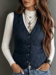SHEIN Thermal Lined Padded Vest Winter Clothes Jacket - Navy Blue - View 3