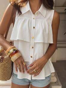 FRIFUL Women's Regular Fit Lapel Collar Metal Button Decor Loose Chest Multi-Layer Ruffle Patchwork Solid Color Summer Casual Blouse - White - View 5