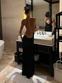 SHEIN 女款純色掛脖露背性感約會派對洋裝 - 黑色 - 查看 7