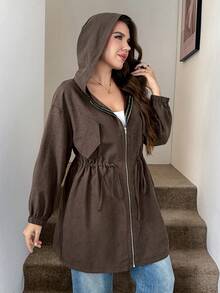 SHEIN LUNE Plus Size Plain Color Hooded Zipper Front Casual Long Sleeve Jacket Plus Size Fall Clothes - Brown - View 1