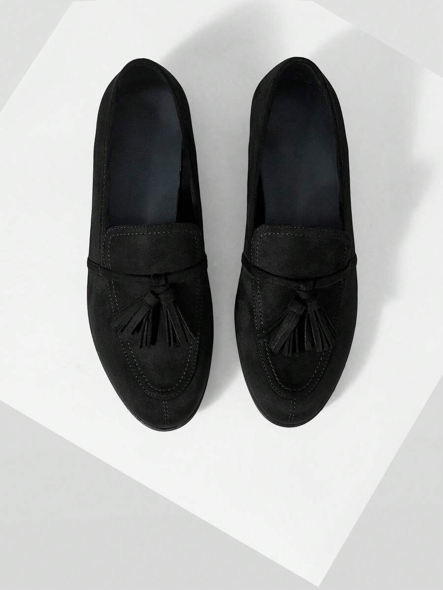 Mnmlis Autumn And Winter Commuting Fringed Loafers Round Toe Low Heel Retro Fall Shoes - Fleece black - View 1