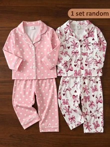 SHEIN 女嬰可愛粉色甜美蝴蝶結圖案開襟衫與長褲2件套居家服，秋冬款 - 彩色 - 查看 5