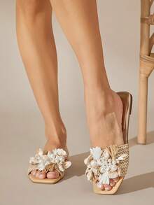 SHUZIA Sandal Wanita Ujung Persegi dengan Dekorasi Kerang Laut yang Glamor, Sepatu Liburan Musim Semi, Liburan Paskah, Natal, Hari Valentine, Sepatu Musim Panas - Krem - View 6