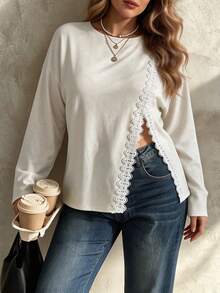 Elegantrix Blusa de mujer talla grande estilo francés elegante casual color crema blanco con encaje patchwork abertura lateral diseño holgado manga larga otoño chic brunch formal - Albaricoque - Ver 2