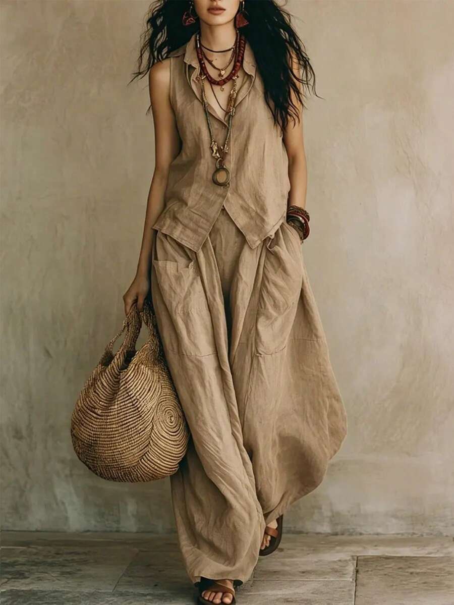 SHEIN Holidaya 卡其色竹紋領口收腰開衩口袋女款兩件套，海島度假女款兩件套，度假穿搭，通勤穿著，沙灘穿著