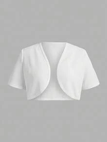 SHEIN EZwear 大尺碼女款純色休閒寬鬆哥德風百搭短袖夾克，適合日常穿著、秋季正式場合、教師、白色居家服、辦公室 - 白色 - 查看 4