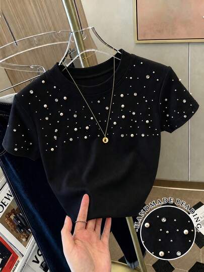 Franclia Summer Vibe Women's Fashion Versatile Pearl & Rhinestone Decorated Fitted Short Sleeve T-Shirt, Heavy Beaded T-Shirt, Round Neck Cropped T-Shirt, Base Layer T-Shirt, Casual Outing T-Shirt