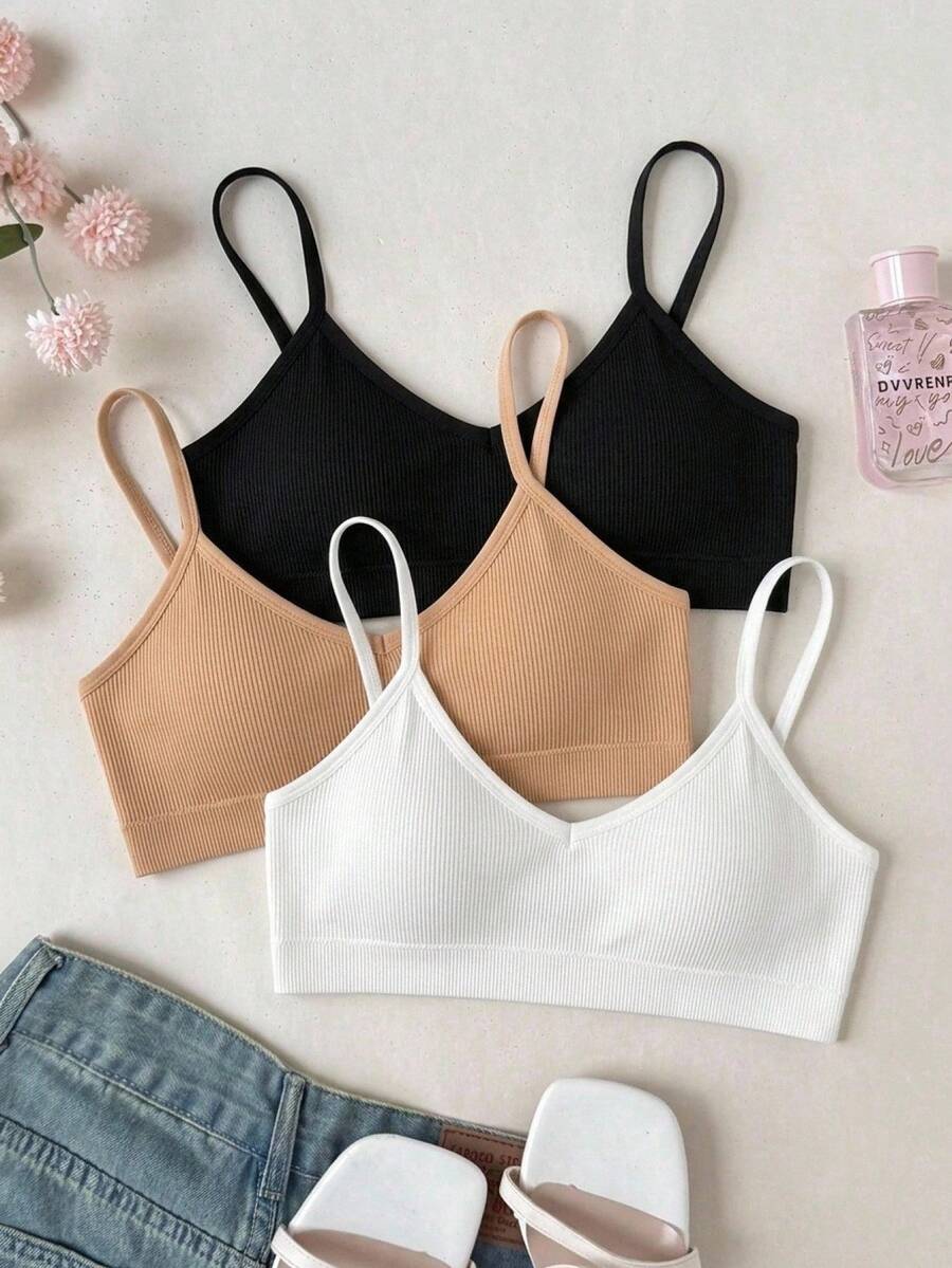 SHEIN Tween少女 3件組極簡舒適加厚肩帶內衣,四季適用 - 彩色 - 查看 1