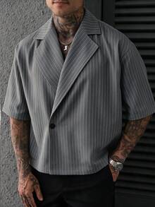 SLATEMANN 男士條紋翻領單扣休閒短袖襯衫 - 灰色 - 查看 1