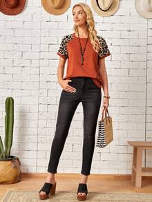 Faunlyn Women's Round Neck Casual Leopard Print Raglan Short Sleeve T-Shirt - Burnt Orange - View 4