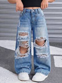 SHEIN 少女休閒水洗磨損牛仔長褲 - 中等水洗藍 - 查看 3