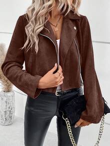 SHEIN Women's Solid Color Long Sleeve Zip-Up Casual Motorcycle Jacket - Mocha Brown - View 5