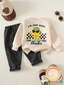SHEIN 2pcs/Set Baby Boy Autumn/Winter Casual Cute Sweatshirt And Black Denim Jeans Outfit, Sweatshirt Set, Cute Outfit, Denim Set - Multicolor - View 2