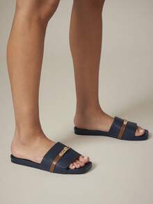 SHUZIA Women's Elegant Gold Lock Decor Square Toe Slip-On Flat Sandals Summer Shoes - Navy Blue - View 4