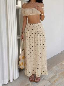 Sunnyshic Women's Spring/Summer Polka Dot Ruffle Hem Slimming Beach Casual Vacation Style Skirt - Apricot - View 4