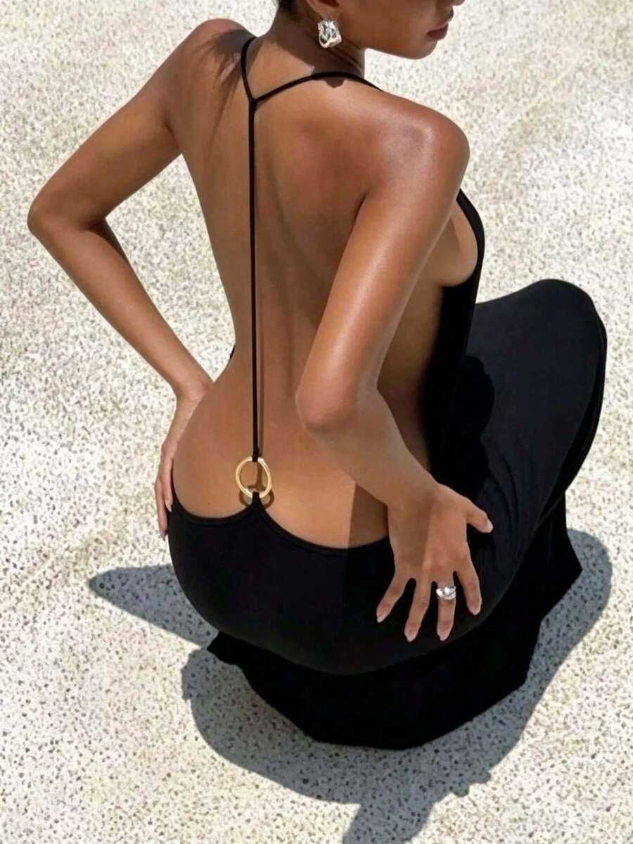 SHEIN Women's Solid Color Halter Neck Backless Sexy Date Party Dress - Black - View 1