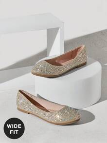 SHUZIA Women's Wide-Fit Comfortable Round Toe Rhinestone Flats Valentine's Day - Champagne - View 1