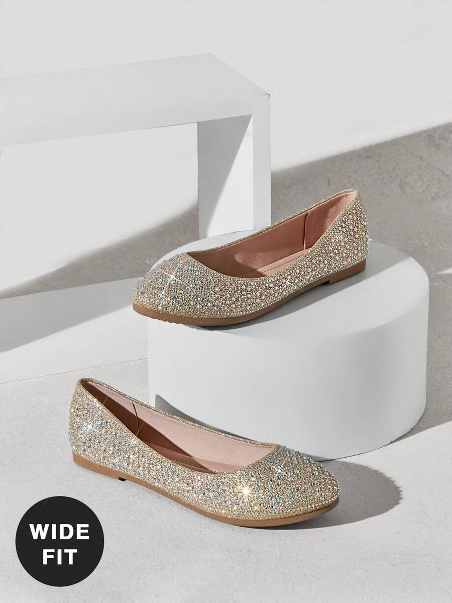 SHUZIA Women's Wide-Fit Comfortable Round Toe Rhinestone Flats Valentine's Day - Champagne - View 1