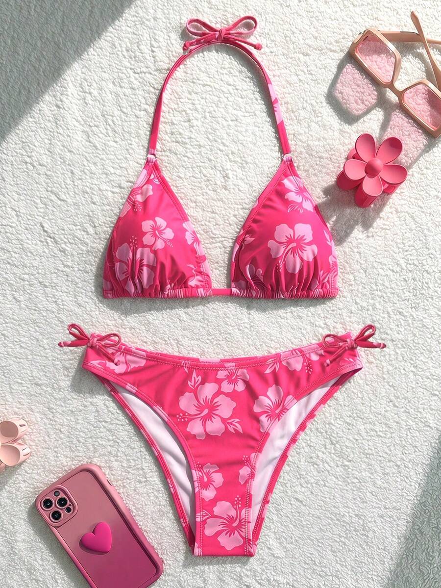 SHEIN 少女沙滩度假夏季粉色碎花吊带比基尼上衣 - 玫紅色 - 查看 1