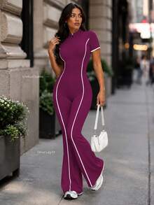Sirith 1 buah Jumpsuit Lengan Pendek Model Mengembang dengan Resleting Setengah dan Kerah Tinggi Warna Ungu Putih Kontras, Potongan Slim Bodycon, Cocok untuk Olahraga, Aktivitas Sehari-hari, dan Musim Panas - Purple - View 4