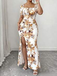 GlowEve CURVE Elegant Square Neck Short Sleeve Floral Print White Background Plus Size Dress, Suitable For Spring, Summer And Autumn - White - View 4