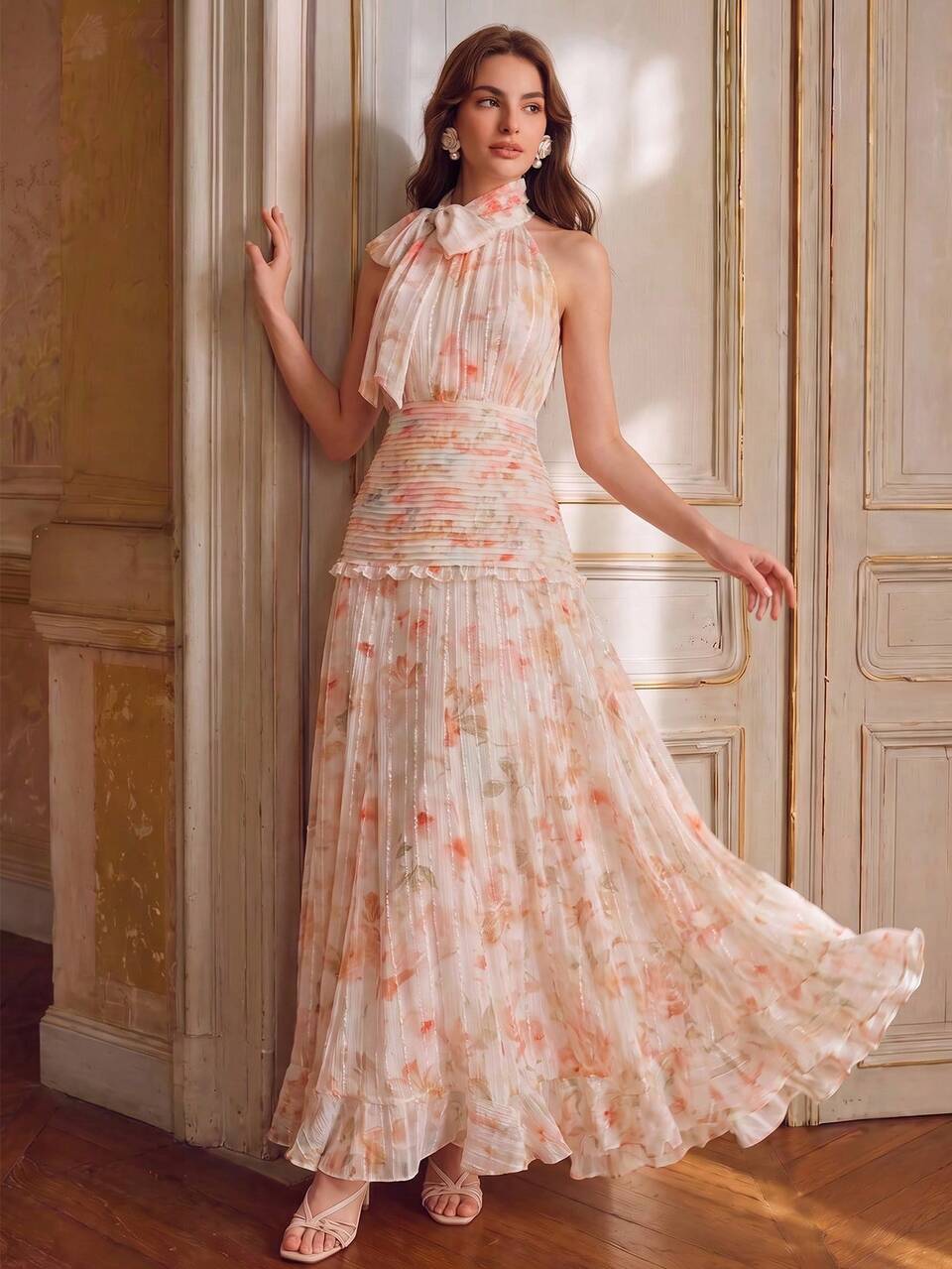 Anewsta Spring/Summer Halter Neck Ruffle Collar Vacation Party Gathering Romantic Floral Jacquard Chiffon Cinched Waist Bodycon Elegant Long Dress For Women