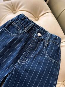 SHEIN 女童白色素面紋理寬腿褲，白色牛仔休閒長褲，適合春夏穿著 - 藍色 - 查看 3