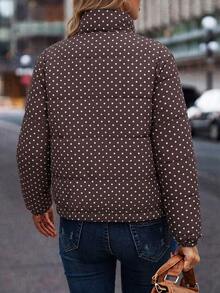 SHEIN LUNE 棕色與白色波點立領羽絨外套，休閒拉鍊加厚大衣，適合秋冬日常穿著 - 彩色 - 查看 4