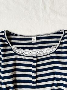 SHEIN Tween Girls Tween Girl Simple Striped Long Sleeve Y2K Retro Casual Lace Trim T-Shirt - Multicolor - View 4