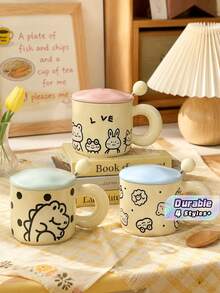 Cute Cartoon Ceramic Mug With Lid And Spoon, Couple Breakfast Milk Cup, Good-Looking Water Cup Gift For Girls - Multicolor - View 1