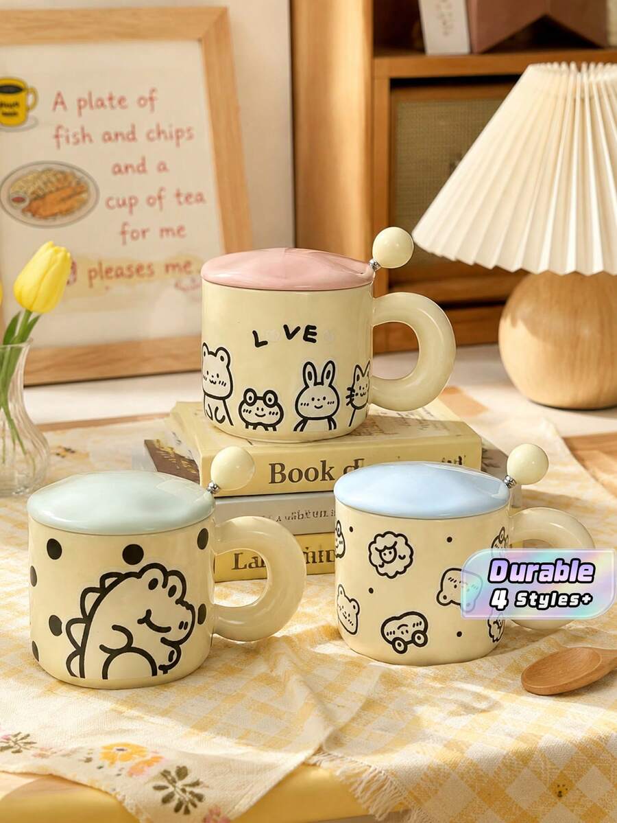 Cute Cartoon Ceramic Mug With Lid And Spoon, Couple Breakfast Milk Cup, Good-Looking Water Cup Gift For Girls - Multicolor - View 1