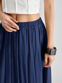 Ontre 2026SS New Summer Women's Green Pleated Loose Waist Skirt, Pleated Skirt, Graduation Skirt, Elegant Women's Vacation Skirt, Holiday Beach Music Festival Women's Elegant Ceremony Skirt, Festival Outfit, Beach Outfit, Women's Pleated Skirt - Navy Blue - View 5