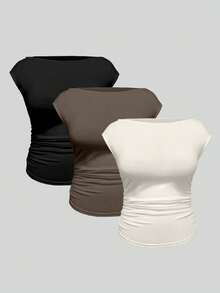 EMERY ROSE Plus Size Multipack 3 Pack Solid Boat Neck Cap Sleeve Side Ruched Slim Fitted T Shirt Women Summer Lightweight Daily Going Out Basic Top Set - Multicolor - View 1
