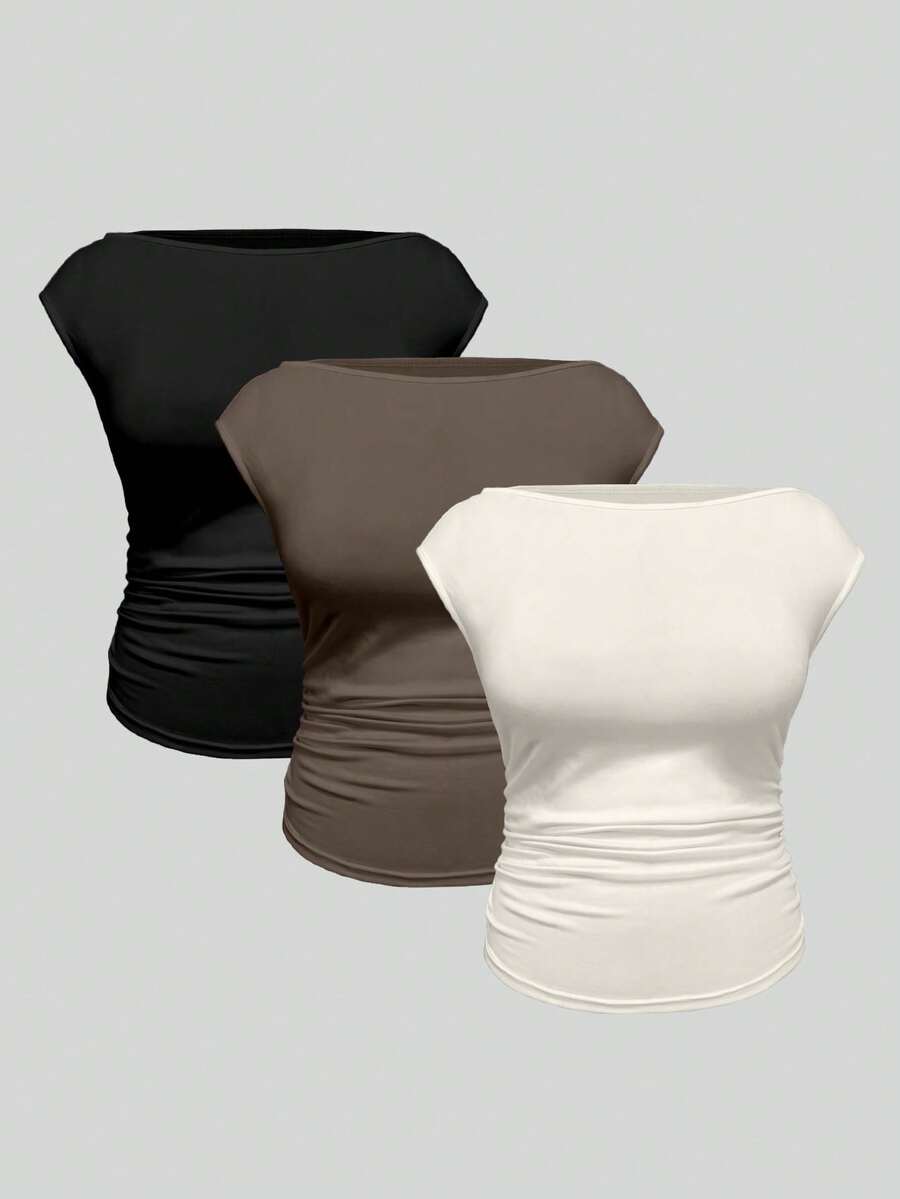 EMERY ROSE Plus Size Multipack 3 Pack Solid Boat Neck Cap Sleeve Side Ruched Slim Fitted T Shirt Women Summer Lightweight Daily Going Out Basic Top Set - Multicolor - View 1