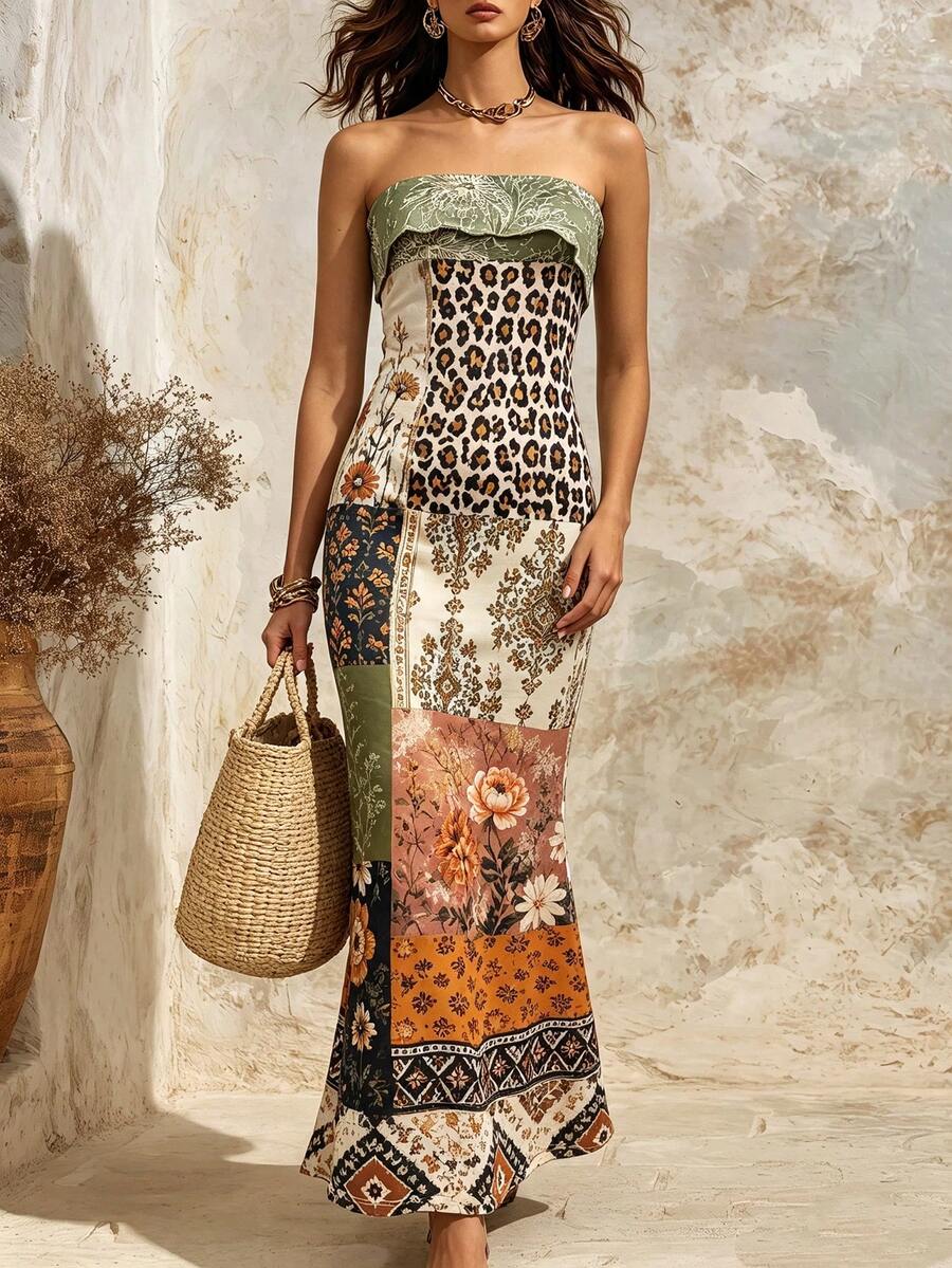 Trelyra Gaun Liburan Wanita Model Bandeau dengan Motif Bunga, Modis dan Elegan - MultiWarna - View 1